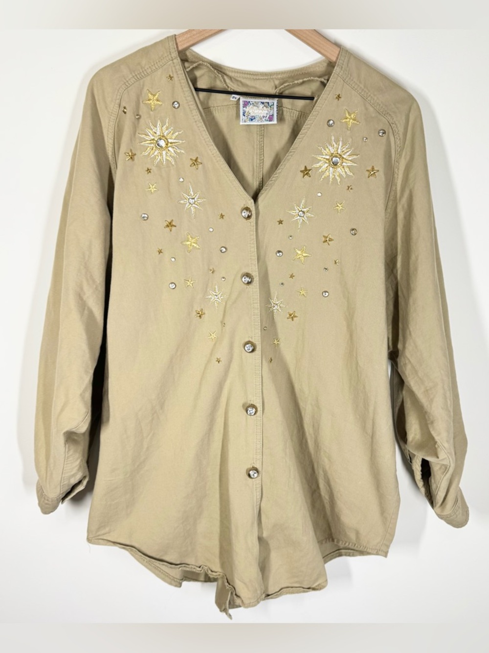 Vintage 90s Celestial Embroidered Bedazzled Denim Button Down Top O/S Oversize